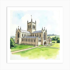 Watercolor Art Of The Durham Cathedral With Its Majestic Norman Architecture And Surrounding Landscape Art Print