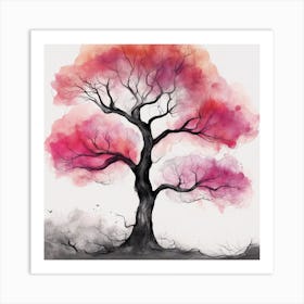 Beguiling Watercolor Painting, Watercolor Texture, A Tree, In The Style Of Anime Art, Mustard Hot Pi Art Print