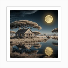 African Serenity Matte Painting of a Cottage in the Savannah Art Print