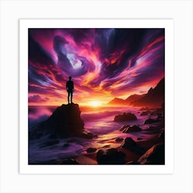 Man Standing On Rocks At Sunset 1 Art Print