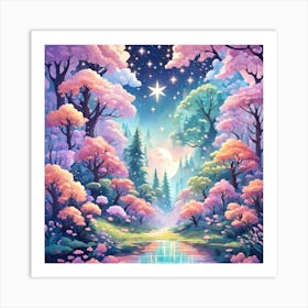 A Fantasy Forest With Twinkling Stars In Pastel Tone Square Composition 282 Art Print