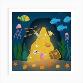 Underwater Pirate Treasure and Fish Art Print