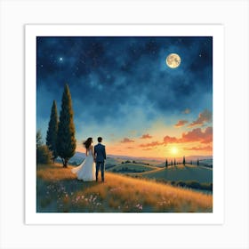 Romantic Watercolor Of An Italian Couple Under The Stars In A Tuscan Countryside Art Print