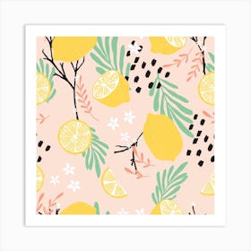 Lemon Pattern On Pink With Flowers And Florals Square Art Print