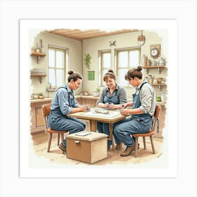 Watercolor Portrayal Of An English Craft Workshop With People Creating Handmade Items 1 Art Print