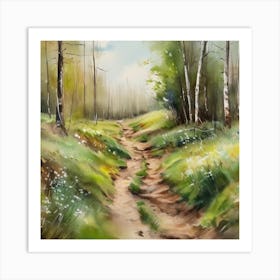 Path In The Woods.A dirt footpath in the forest. Spring season. Wild grasses on both ends of the path. Scattered rocks. Oil colors.26 Art Print