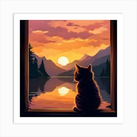 Cat Looking Out The Window At Sunset Art Print