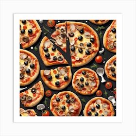 Pizzas On A Black Background Art Print