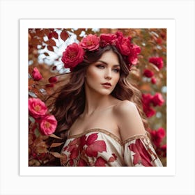 Beautiful Woman With Red Roses 1 Art Print