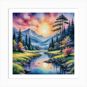 The Surreal Glow of Mountain and Stream Sunset In The Mountains Art Print