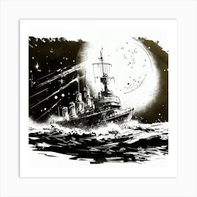 Battleship In The Moonlight Art Print