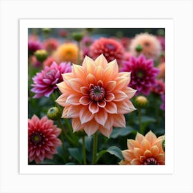 A Blooming Garden Of Various Colors Of Dahlias In Full Splendor Art Print