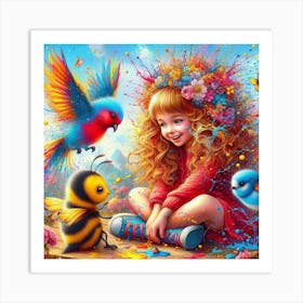 Little Girl With Birds Art Print