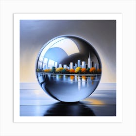 A Mesmerizing Reflection Display Of A City Skyline In A Metal Ball Illustration Art Print