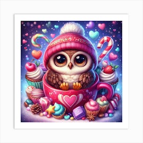 Cute Owl With A Hat In A Cup Surrounded By Sweets Art Print