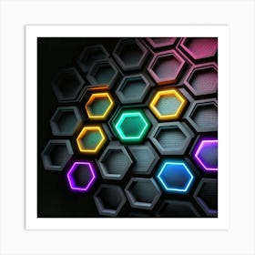 Hexagonal shapes with neon lights, futuristic, cyberpunk, background 15 Art Print