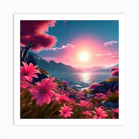 Pink Flowers, sunset, read shade flowers, blue sky, beautiful location , sunset view, wall decorator Art Print