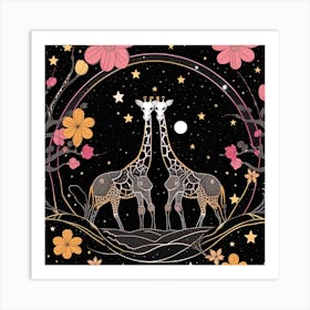 Giraffes And Flowers Art Print