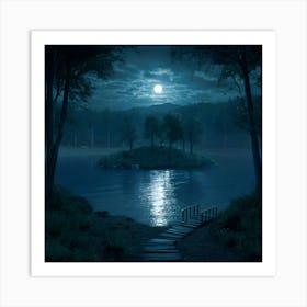 A Serene Nighttime Scene Of A Forest By The Lakes Art Print