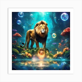 Lion In The Water Art Print