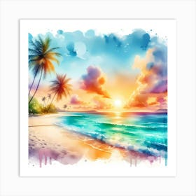 Watercolor Beach Sunset Art Print