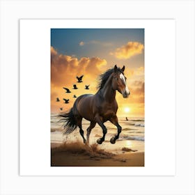 Horse Running At Sunset Art Print