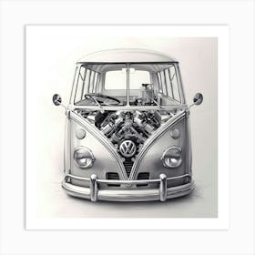 A Delicate, Transparent Pencil Sketch Of A Vintage Volkswagen Bus, Meticulously Showcasing Its Engine Parts Art Print