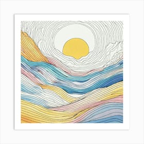 Minimal Ocean Sunrise And Sunset Line Art Print