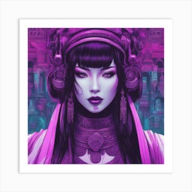 Japanese Geisha in Neon Cyberpunk Style Art Print