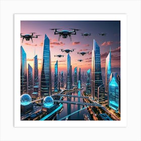 Drones Flying Over Skyscrapers Art Print