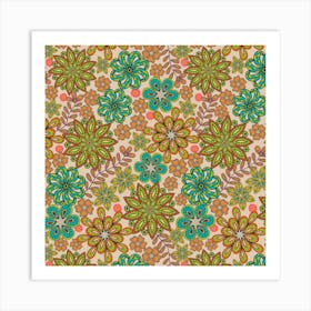 PASSEMENTERIE Lacy Bohemian Embroidery Floral in Tropical Retro 70s Green Turquoise Coral Orange Yellow Art Print