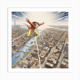 Boy Flying Over A City Art Print