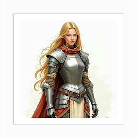 Warrior Princess In Enchanted Armor, Watercolor Portrait 1 Art Print