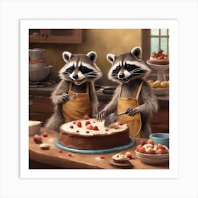 Two Raccoons baking a cake Art Print