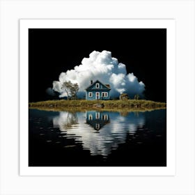 Firefly Black Background, Reflection, Old House, Cloud, Pond, Atmospheric, Serene, Mysterious, Moody (1) Art Print