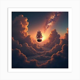 Sky Pirate Ship Sailing Through Glowing Nebula Clouds 1 Art Print