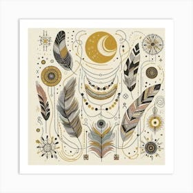 Bohemian Feathers.Boho art, moon and yellow squiggly line, American style. Art Print