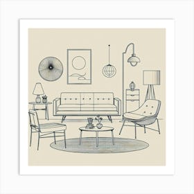 Minimalist Line Art Of Mid Century Furniture Pieces Arranged In A Stylish Living Room Setting, Style Line Drawing Art Print