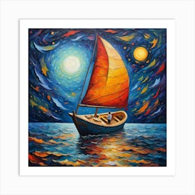 Starry Night Sail - Celestial Seascape Canvas Print | Nautical Wall Art with Vibrant Sunset Colors Art Print