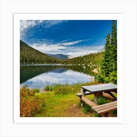 Picnic Table In Front Of Lake Poster