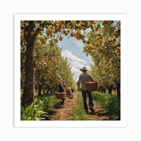 People Picking Oranges In An Orchard Art Print