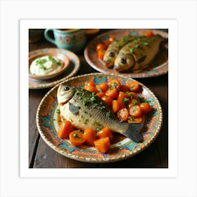 Traditional Egyptian Fish Dish Served On Colorful Plates 1 Art Print