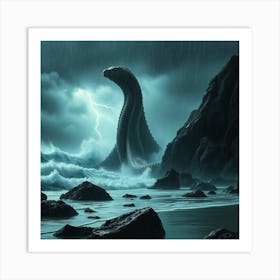 Stormy Beach With Giant Sea Serpent Art Print