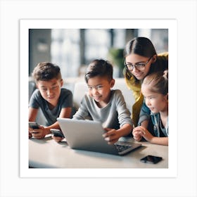 Group Of Children Using A Laptop Art Print
