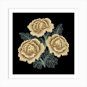 Dark Vintage Line Art of Yellow Flowers Art Print