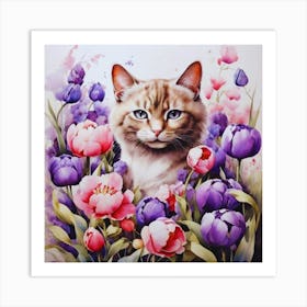 Cat In Violet Tulips Art Print