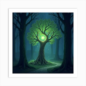 A Magical Tree Glowing In A Dark, Mystical Forest 1 Art Print