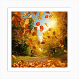 Autumn Leaves Falling On The Road Art Print