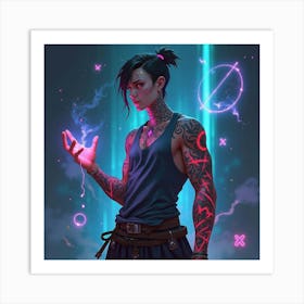 Cyberpunk Mage With Neon Tattoos And Floating Holographic Glyphs 1 Art Print