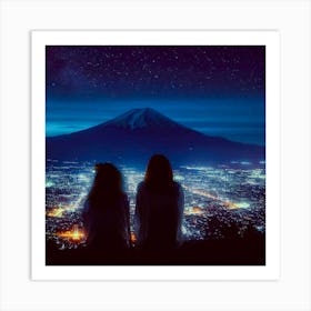 Two Girls Looking At Mt Fuji Art Print